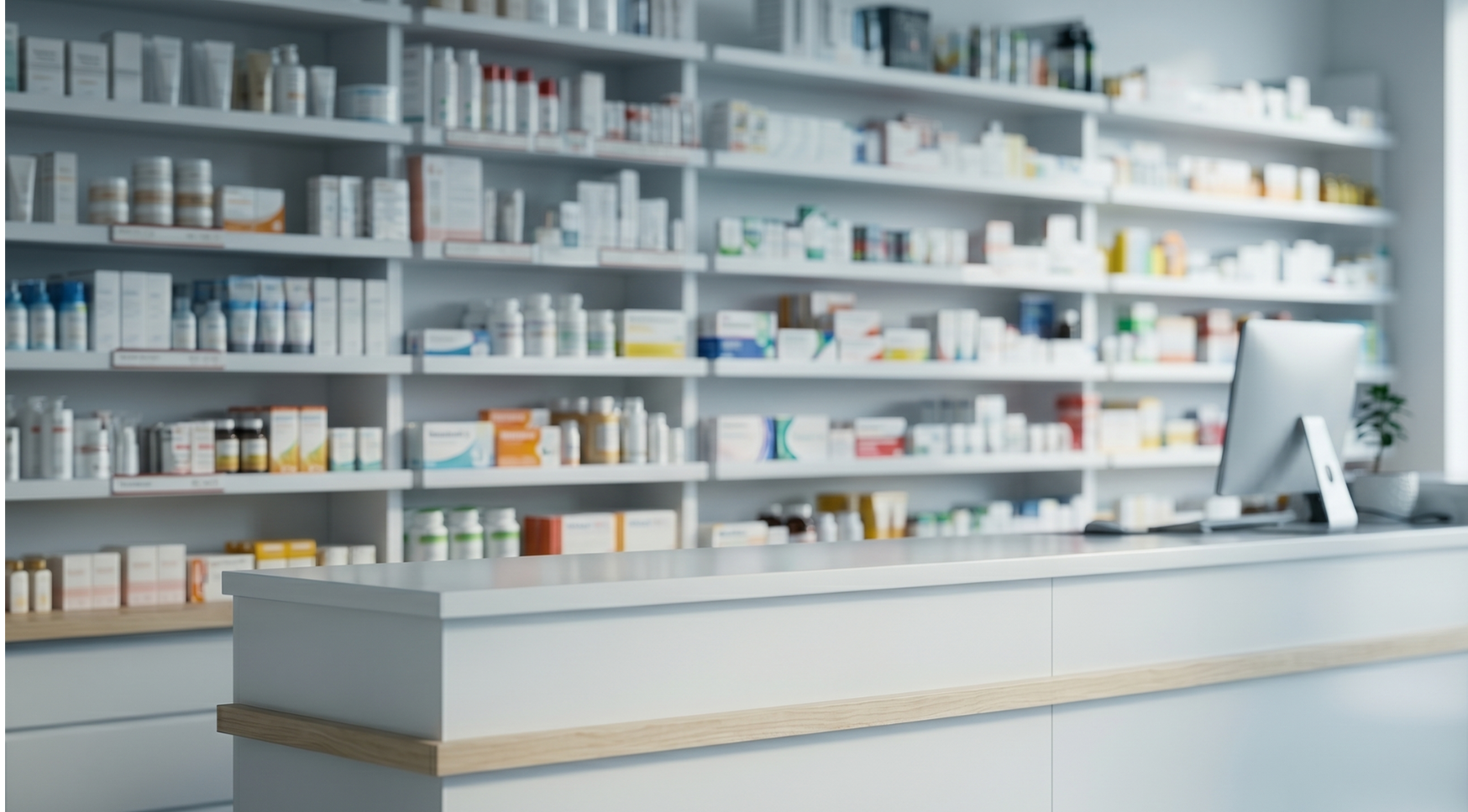 Pharmacy counter and skincare gondola with rows of dermocosmetic products neatly aligned — clean clinical feel, soft natural daylight.