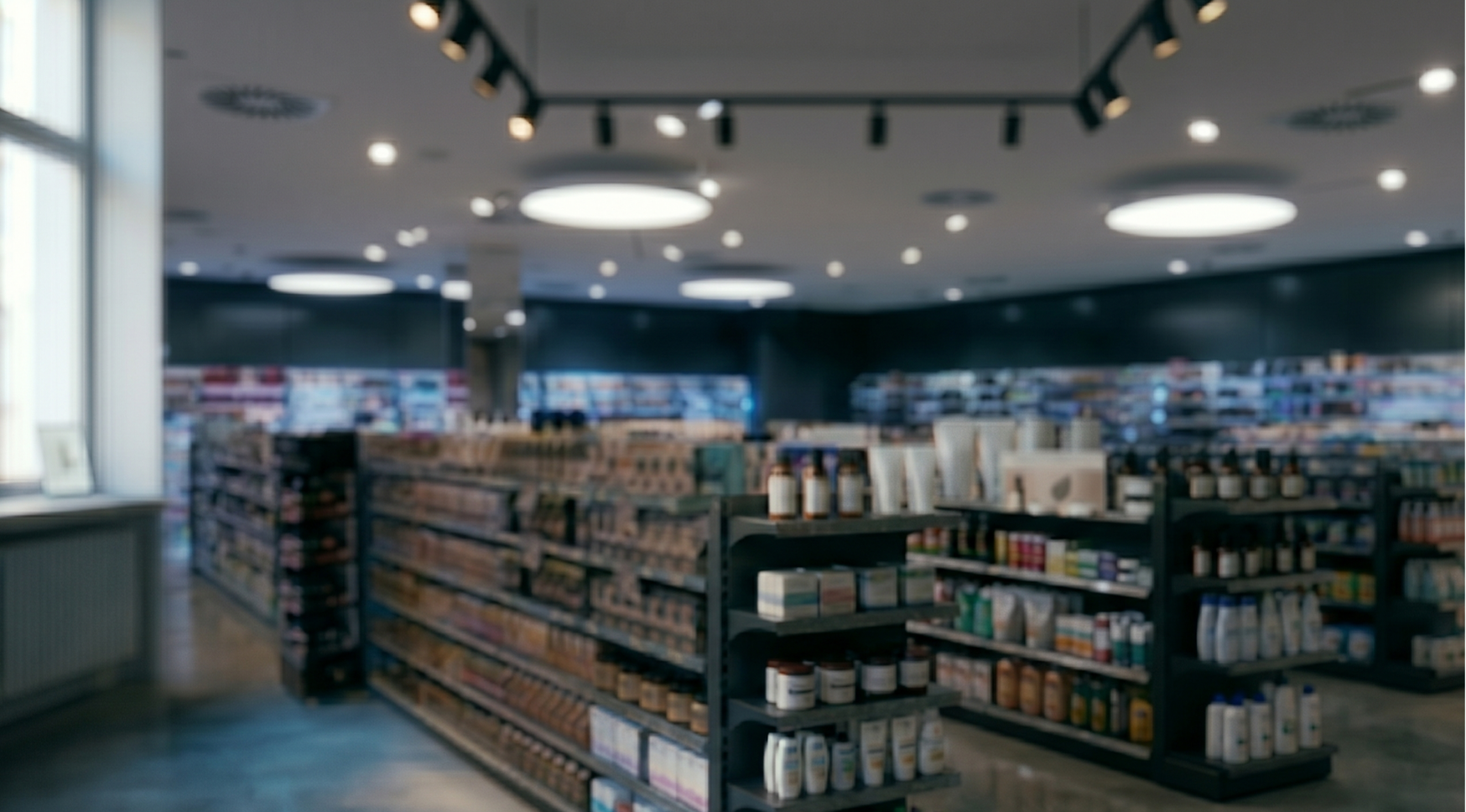 Interior of a modern beauty retail chain — warmly lit skincare shelf in focus with the rest of the store receding into soft depth.