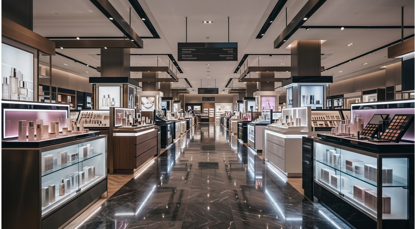 Wide shot of a premium department store beauty floor — high ceilings, counters receding down the aisle, glossy marble floor reflecting the display lights.